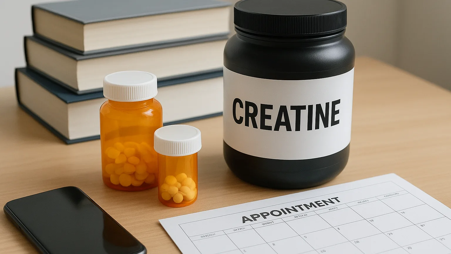 Prescription bottles, creatine supplement container, and medical reference materials stacked on a desk beside a phone and appointment calendar.