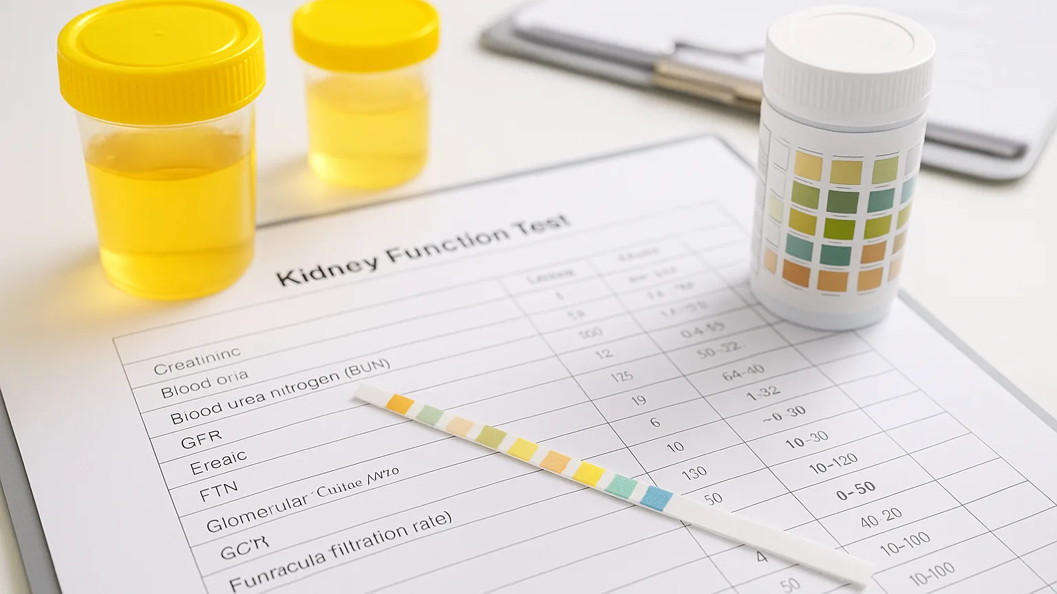 Medical examination setup with urinalysis test strips, urine sample containers, and kidney function test documentation arranged on clinical workspace.