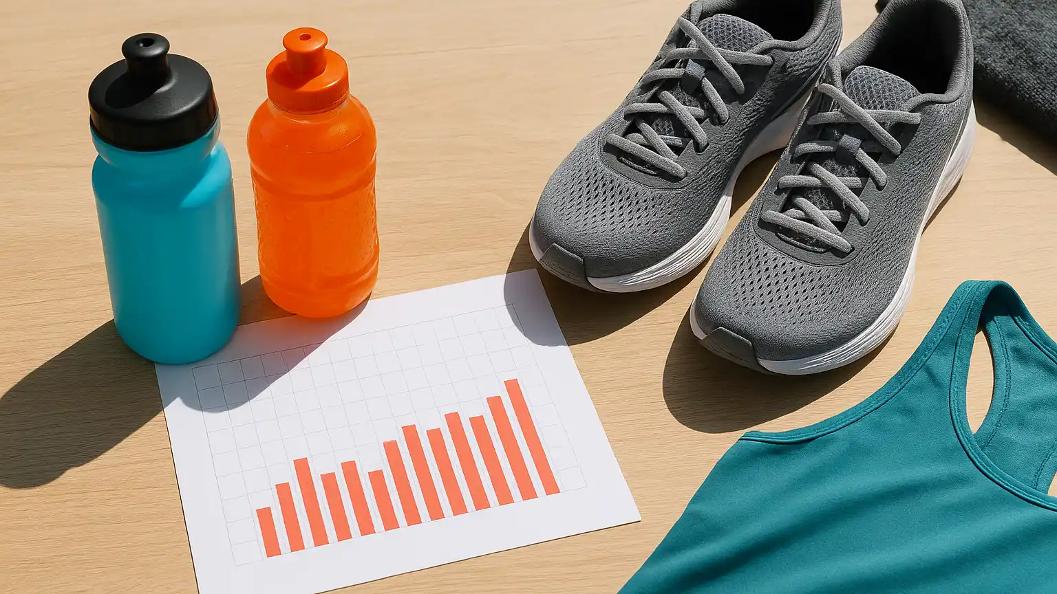 Water bottle, electrolyte drink, and hydration tracking chart on a table beside summer athletic gear in bright sunlight.