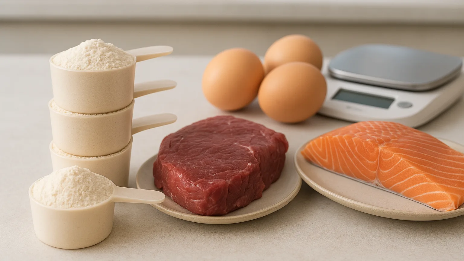 Protein powder scoops stacked beside meat, eggs, and fish on a kitchen scale, displaying high-protein food sources and supplementation materials.