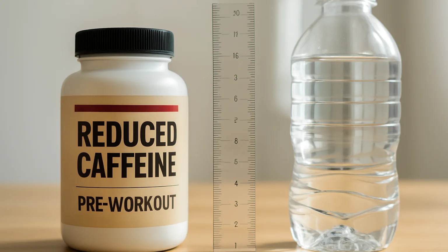 A supplement bottle with reduced caffeine dosage label next to a measuring scale and water bottle, showing adjusted pre-workout formulation and timing strategy.