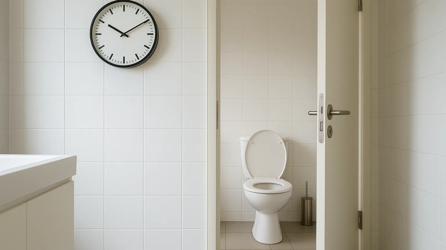 A bathroom interior with an open toilet door and a wall clock showing multiple time markers, depicting frequent restroom visits during a workout session.