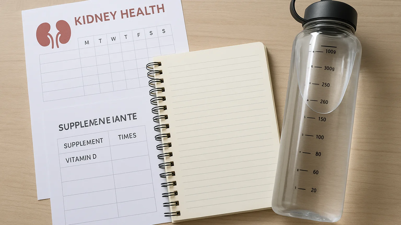 A desk setup with a notebook, kidney health tracking chart, supplement dosing schedule, and a water bottle marked with hydration measurements.
