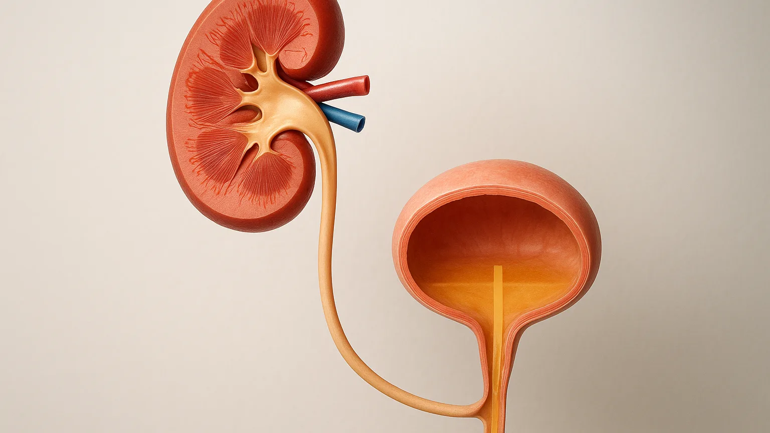 A medical illustration or anatomical model showing the kidney, ureter, bladder, and urethra with labeled filtration and waste processing stages.
